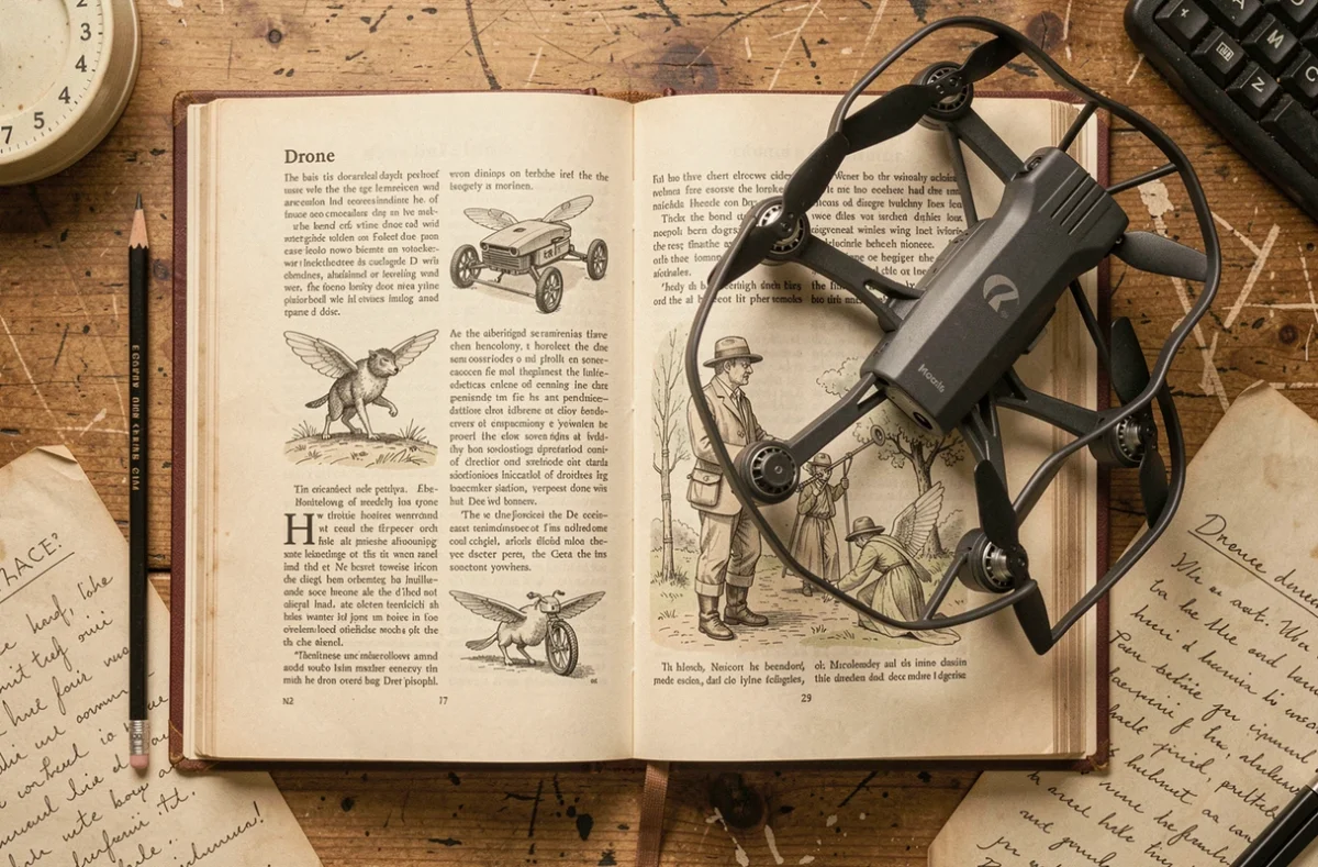Vue de dessus d'un dictionnaire étymologique ouvert sur la définition du mot drone, posé à côté d'un petit drone sur un bureau en bois