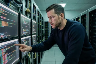 Expert en cybersécurité analysant des logs d'erreurs sur des écrans dans une salle de serveurs professionnelle