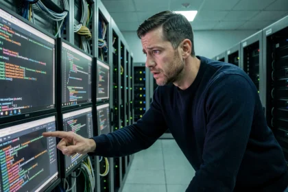 Expert en cybersécurité analysant des logs d'erreurs sur des écrans dans une salle de serveurs professionnelle