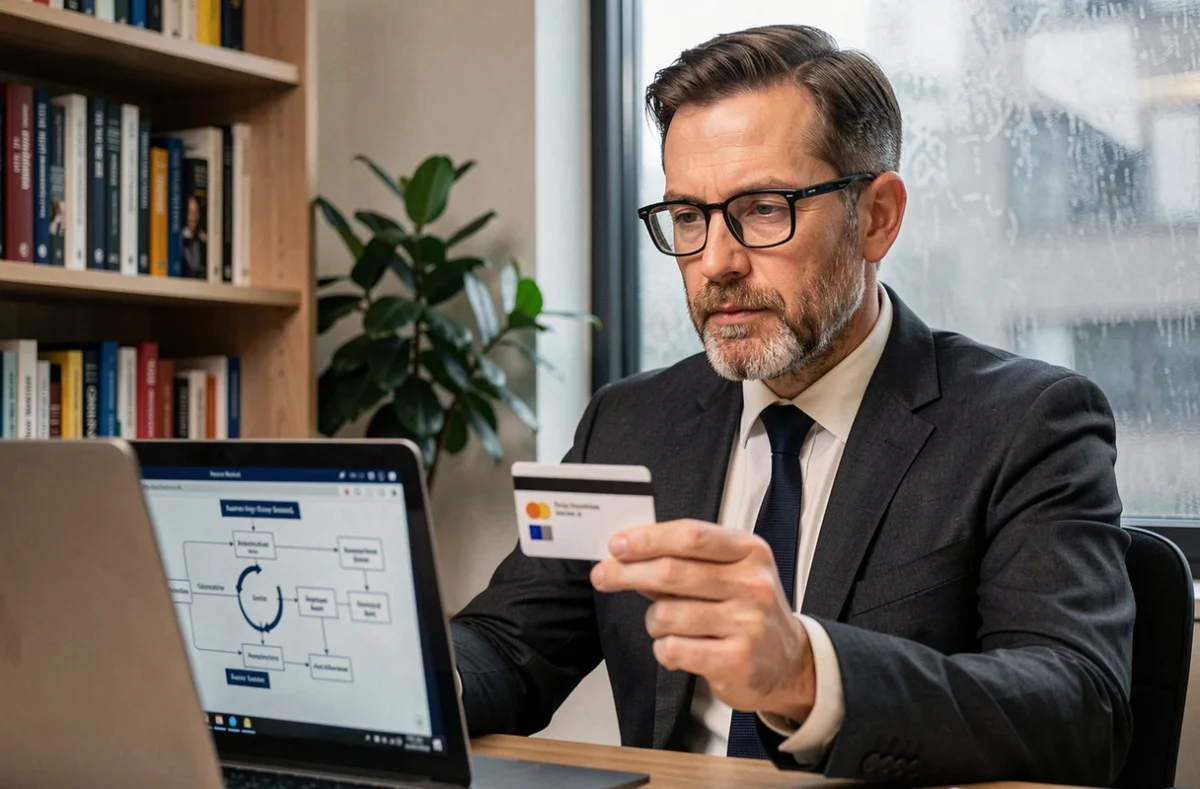 Expert en cybersécurité tenant un token d'authentification et consultant un schéma de processus de certification numérique sur un ordinateur portable