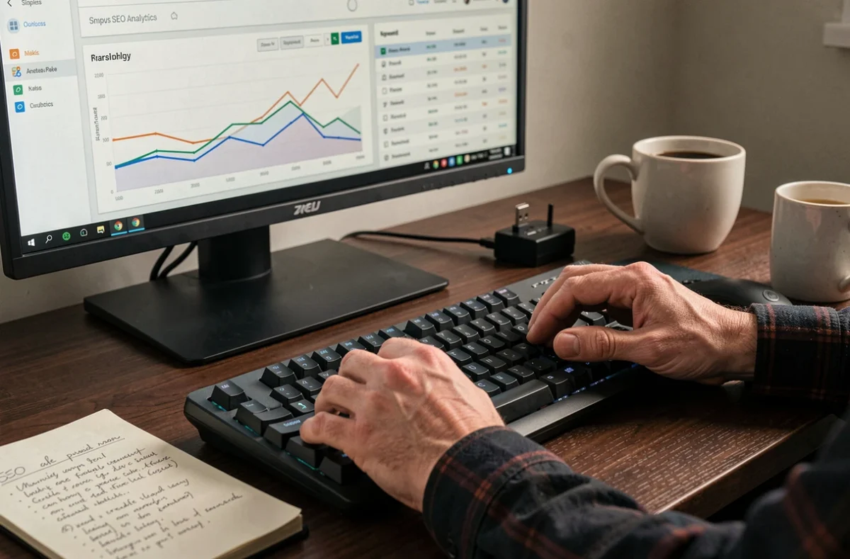 Gros plan sur les mains d'un expert SEO travaillant sur un tableau de bord d'analyse de référencement web