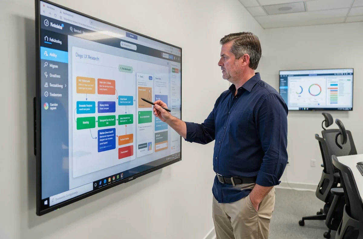 Expert en UX design présentant un prototype d'interface utilisateur sur un écran interactif en entreprise