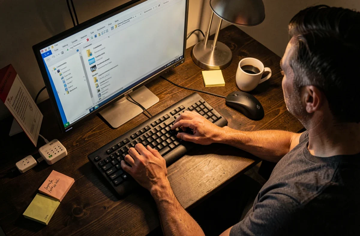Mains naviguant dans l'explorateur de fichiers Windows pour accéder aux répertoires de stockage des mots de passe