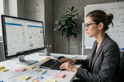 Femme analysant des graphiques d'algorithmes sur un écran d'ordinateur dans un bureau moderne