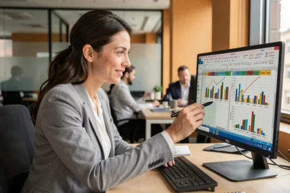 Femme analyste travaillant sur un tableau croisé dynamique Excel sur grand écran dans un bureau moderne