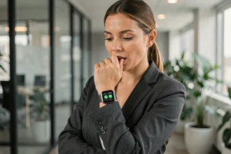Femme professionnelle passant un appel depuis sa montre connectée au bureau
