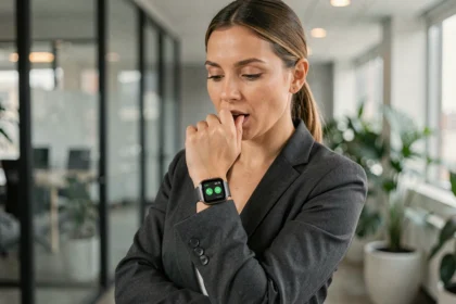 Femme professionnelle passant un appel depuis sa montre connectée au bureau