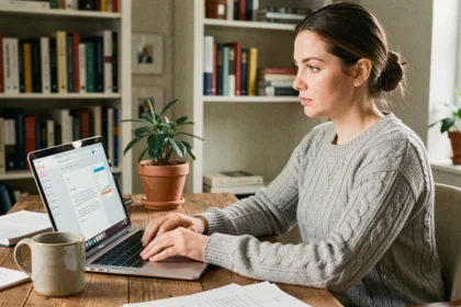 Femme utilisant une application gratuite d'écriture de lettres sur un ordinateur portable dans un bureau à domicile