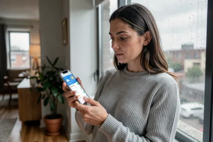 Femme consultant une application météo sur smartphone près d'une fenêtre sous ciel nuageux