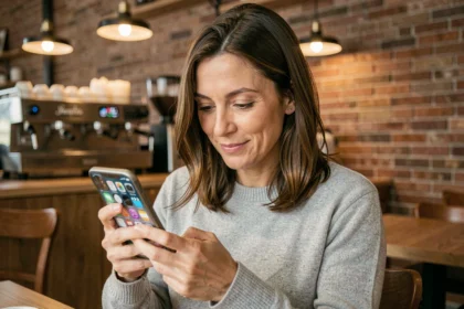 Femme utilisant une application smartphone dans un café urbain moderne, illustrant l'utilité quotidienne des applications mobiles