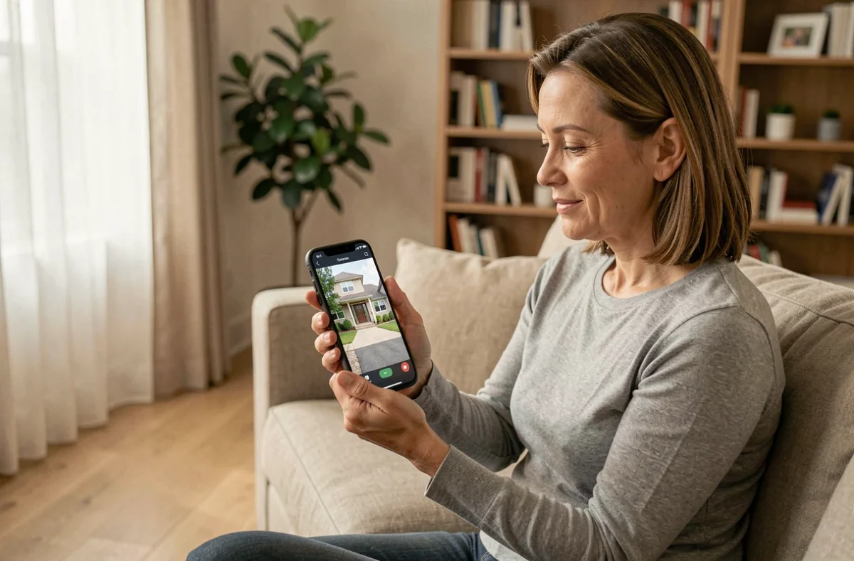 Femme consultant une application de vidéosurveillance à distance sur son smartphone depuis son domicile
