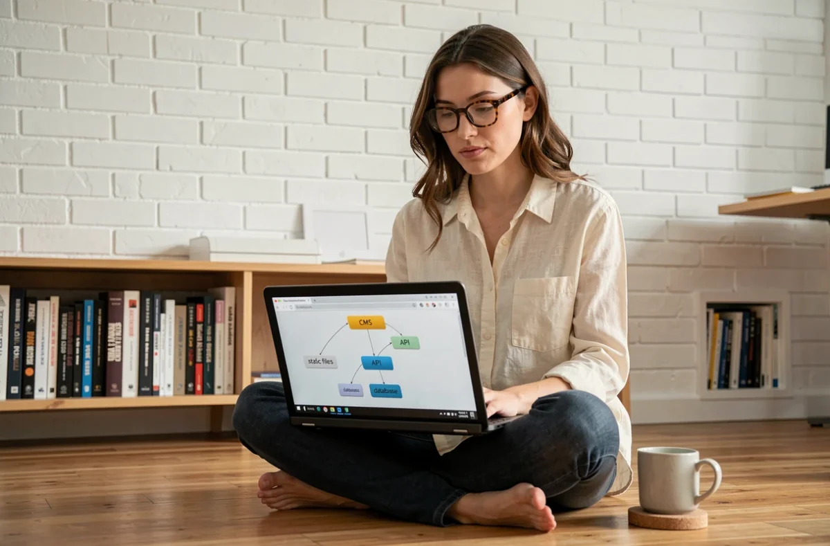 Femme développeuse étudiant l'architecture d'un site web et le rôle des bases de données sur son ordinateur portable