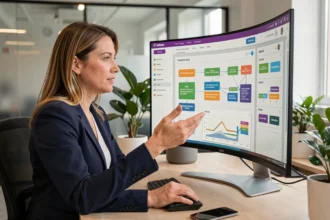 Femme professionnelle utilisant un logiciel d'automatisation du marketing sur un grand écran dans un bureau moderne