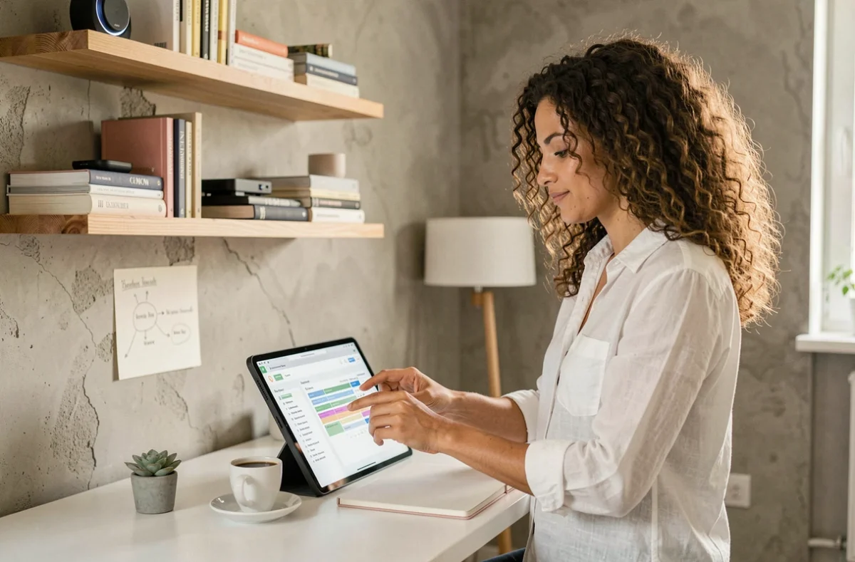 Femme consultant un tableau de bord d'automatisation sur une tablette dans un bureau minimaliste à domicile