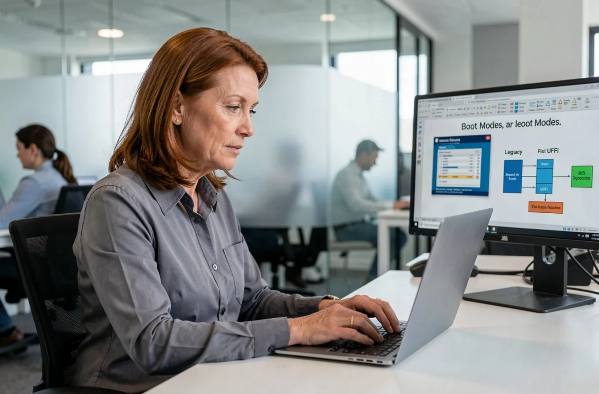 Femme professionnelle lisant un article comparatif sur le mode Legacy et UEFI sur un ordinateur portable dans un bureau moderne