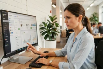 Femme analysant des outils d'emailing sur un écran d'ordinateur dans un bureau moderne