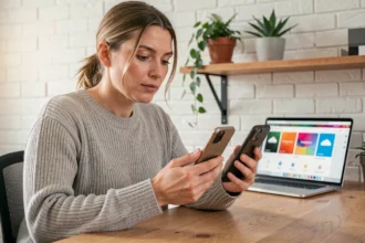 Femme comparant deux interfaces de stockage cloud sur des smartphones dans un bureau à domicile moderne