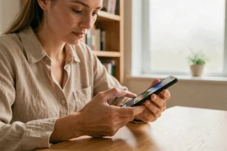 Femme désactivant les données mobiles sur son smartphone dans un bureau minimaliste