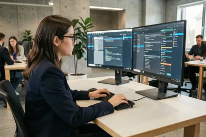 Développeuse informatique gérant des fenêtres de terminal et des tableaux de bord système sur double écran dans un bureau moderne