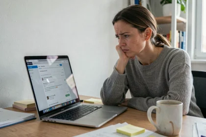 Femme frustrée devant un constructeur de site web avec des erreurs d'interface, illustrant les limitations de Wix