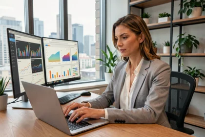 Femme professionnelle utilisant l'intelligence artificielle pour analyser des données marketing sur ordinateur dans un bureau moderne