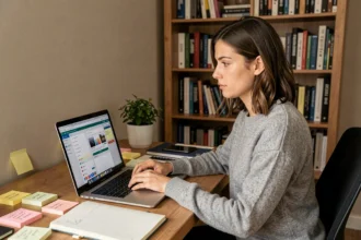 Femme réfléchissant devant un ordinateur portable affichant une interface de gestion de contenu dans un bureau à domicile