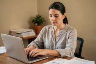 Femme lisant un digest d'emails RSS sur son ordinateur portable dans un bureau à domicile