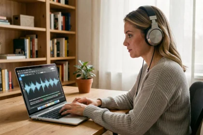 Femme utilisant un logiciel de transcription audio sur ordinateur portable avec casque audio dans un bureau à domicile moderne