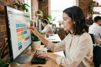 Femme utilisant un product builder no code sur un grand écran tactile dans un espace de coworking moderne