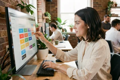 Femme utilisant un product builder no code sur un grand écran tactile dans un espace de coworking moderne