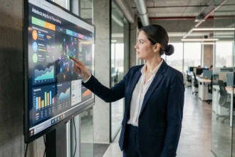 Femme professionnelle en blazer marine pointant un tableau de bord IA sur un écran tactile dans un bureau moderne, illustrant l'intelligence artificielle dans le marketing