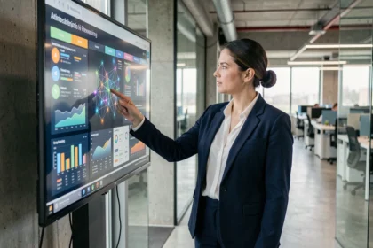 Femme professionnelle en blazer marine pointant un tableau de bord IA sur un écran tactile dans un bureau moderne, illustrant l'intelligence artificielle dans le marketing
