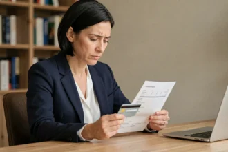 Femme examinant un relevé bancaire et une carte de crédit dans un bureau à domicile, illustrant la sensibilité des coordonnées bancaires
