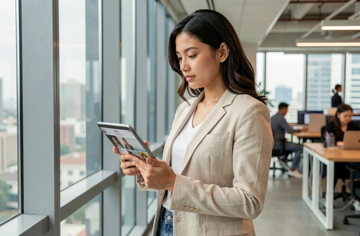 Femme consultant son réseau social sur tablette dans un espace de coworking moderne