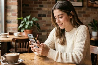 Jeune femme consultant les réseaux sociaux sur son smartphone dans un café urbain
