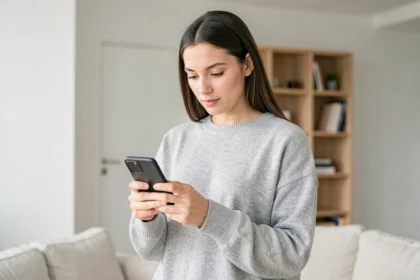 Jeune femme tenant un smartphone Samsung Galaxy série A dans un salon moderne minimaliste
