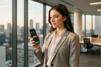Femme tenant un smartphone affichant une connexion 5G dans un bureau moderne avec vue sur la ville