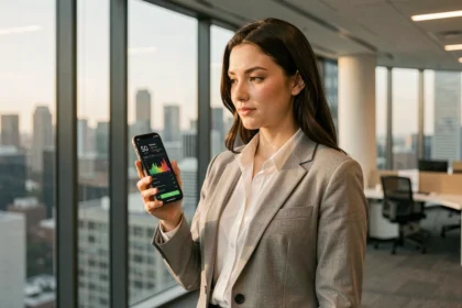 Femme tenant un smartphone affichant une connexion 5G dans un bureau moderne avec vue sur la ville
