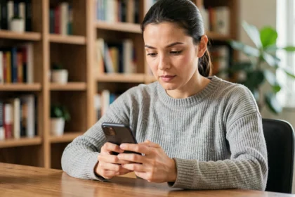 Femme parcourant son smartphone à son bureau, illustrant la navigation numérique et la publicité ciblée en ligne