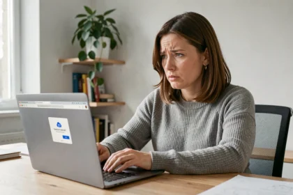 Femme inquiète regardant une boîte de dialogue de suppression de fichiers sur OneDrive depuis son ordinateur portable à son bureau à domicile