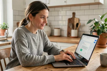 Femme utilisant ChatGPT sur un ordinateur portable dans une cuisine moderne pour simplifier ses tâches quotidiennes