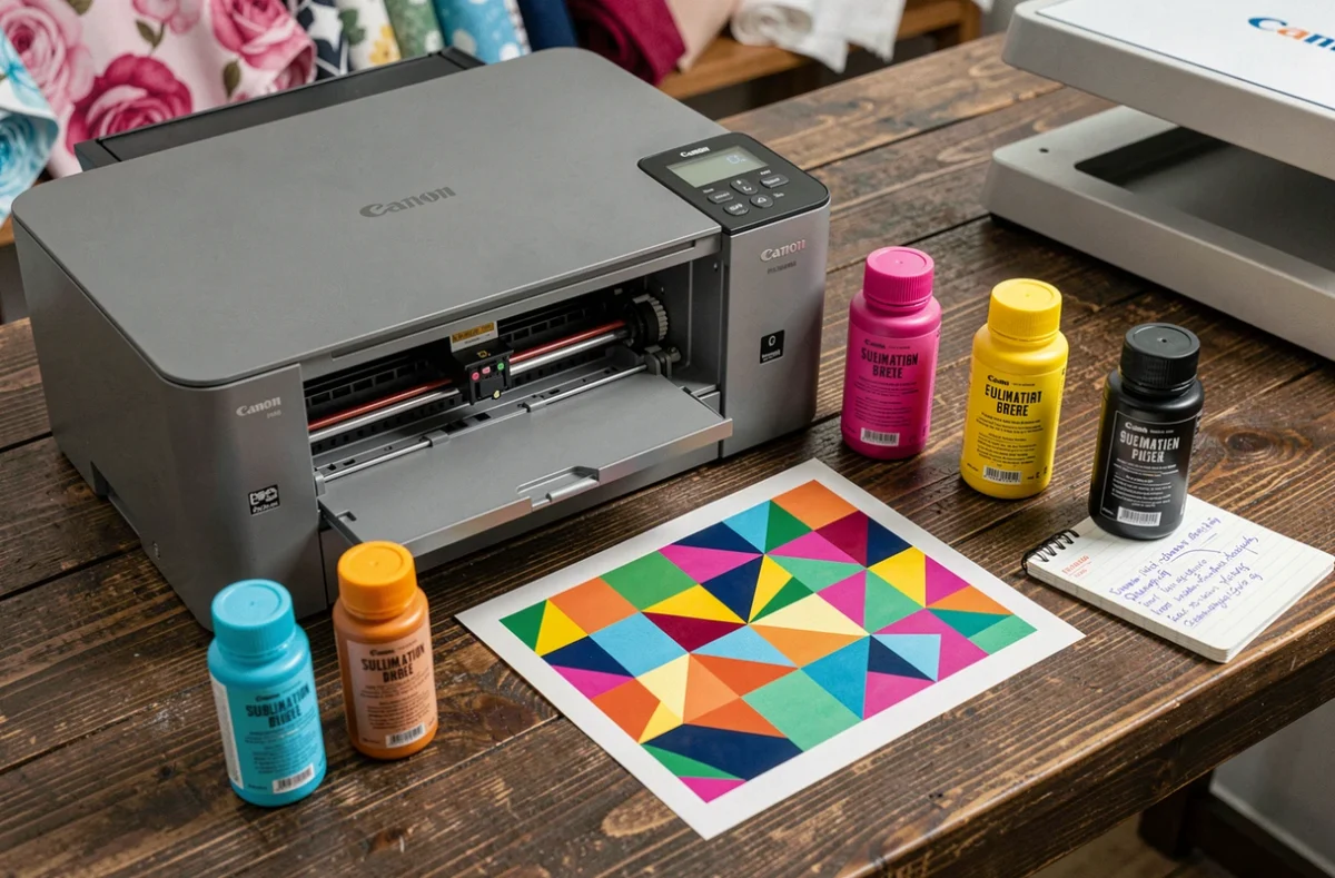 Flat-lay d'une imprimante Canon Pixma ouverte entourée de flacons d'encre de sublimation et d'une feuille de transfert imprimée
