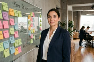 Femme professionnelle devant un tableau de gestion des données dans un bureau moderne
