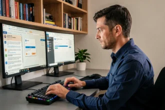 Homme consultant le gestionnaire de mots de passe Windows sur un double écran dans un bureau à domicile