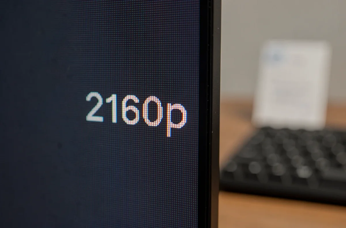 Gros plan macro d'un écran 4K affichant la mention 2160p avec structure de pixels visible et interface technique en arrière-plan flou