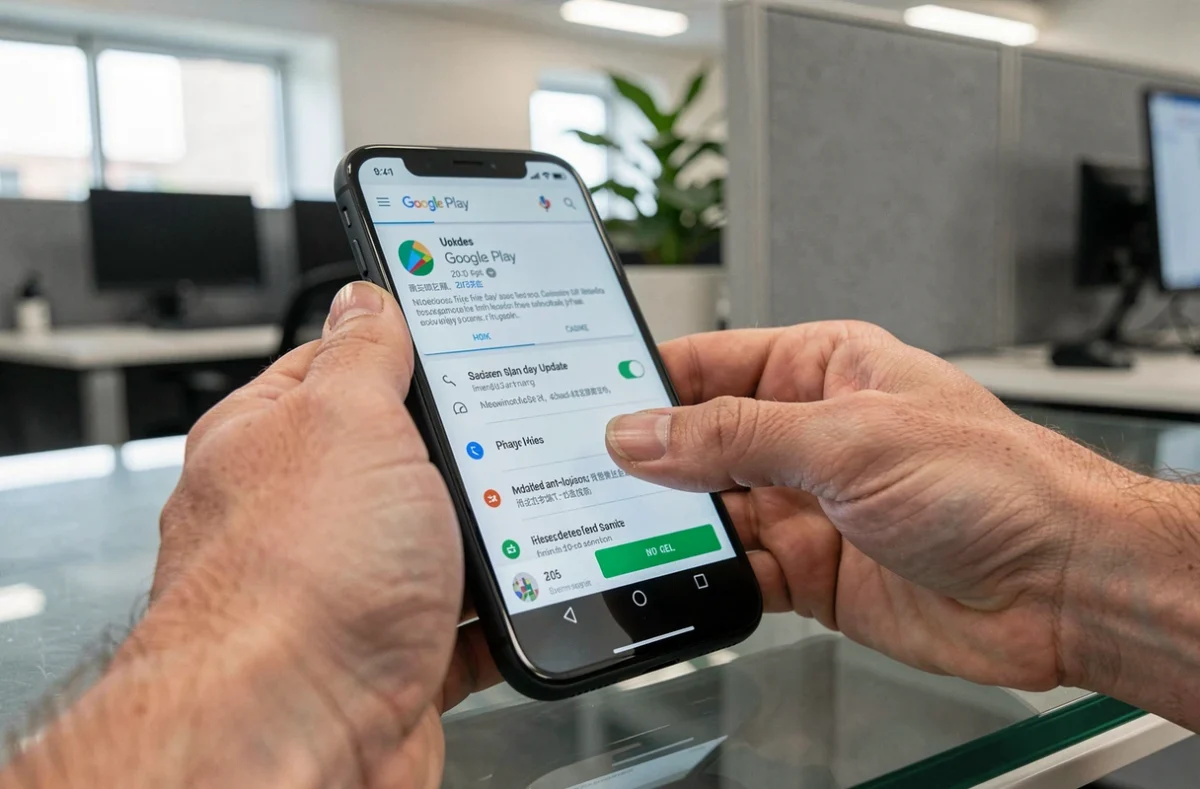 Gros plan sur des mains naviguant dans les paramètres de mise à jour du système Google Play sur un smartphone Android