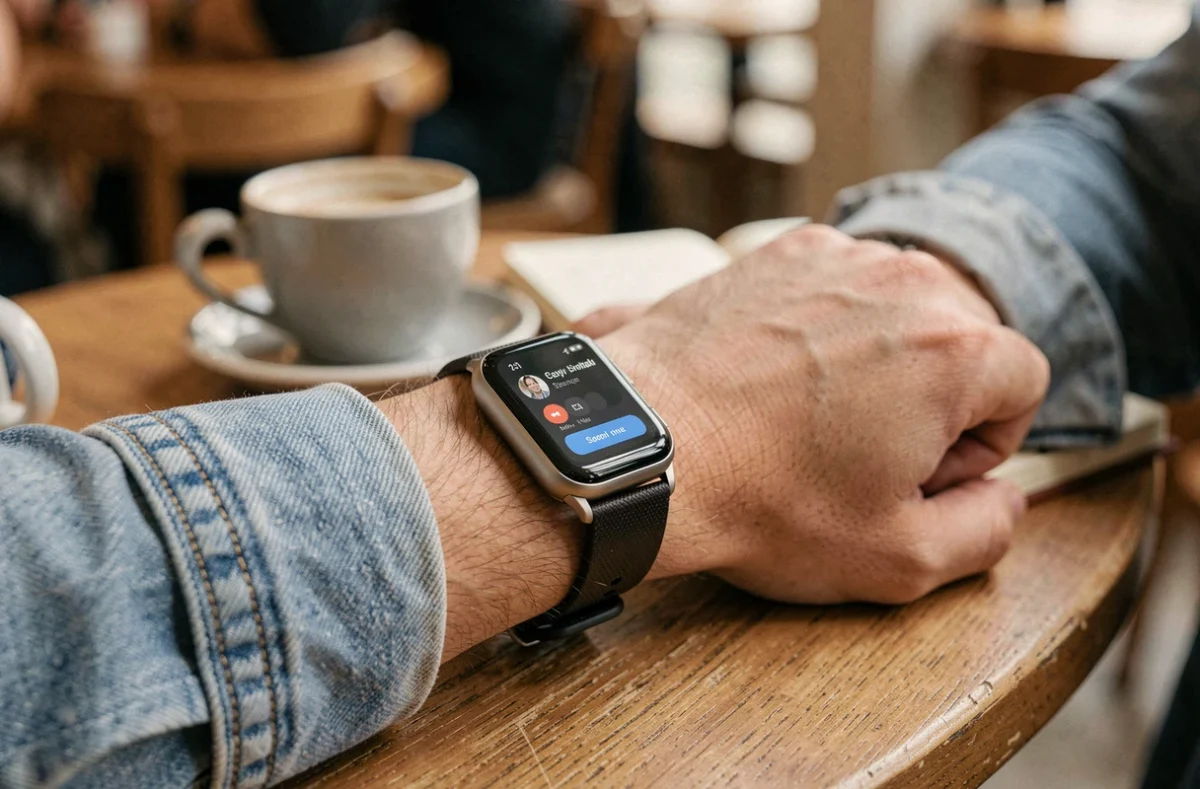 Gros plan d'une montre connectée affichant un appel en cours au poignet dans un café