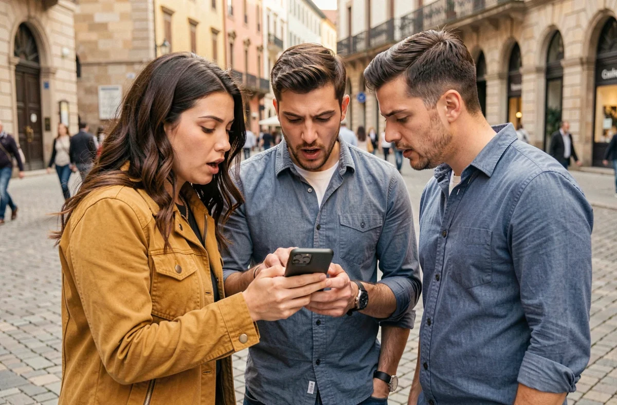 Groupe de jeunes adultes découvrant ensemble une application sur smartphone dans une place piétonne européenne
