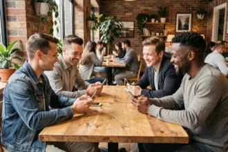 Groupe de personnes connectées sur les réseaux sociaux autour d'une table de café urbain