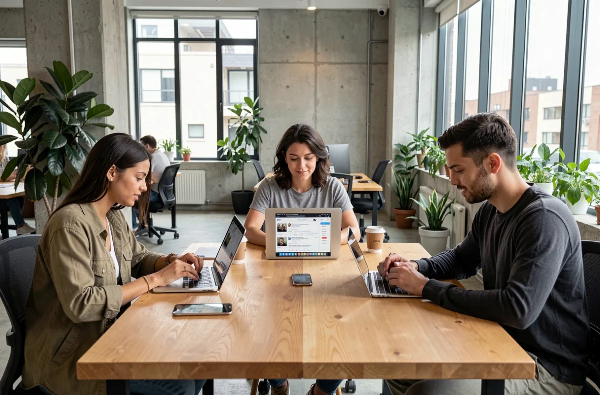 Groupe de personnes utilisant différents réseaux sociaux dans un espace de coworking moderne